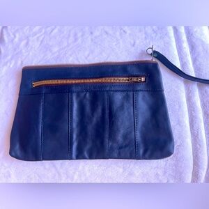 VKK dark blue black leather pouch/wristlet zipper Genuine Leather lightweight
